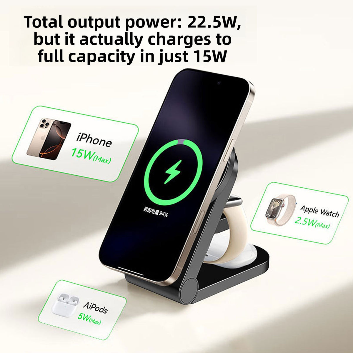Magnetic Three-in-One Wireless Charging Stand for Phone Earphone Watch